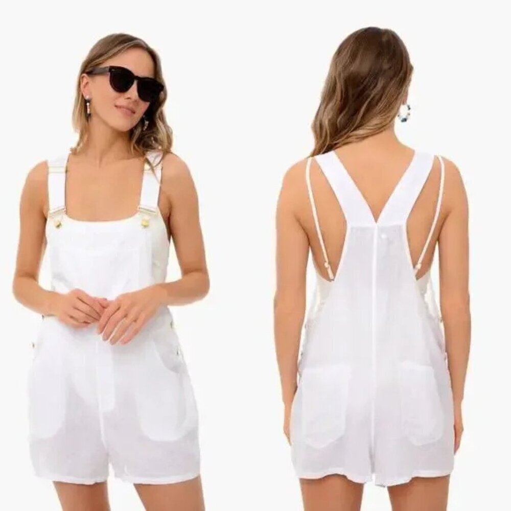 WeWoreWhat Off White Linen Bib Short Overall Romper 37476